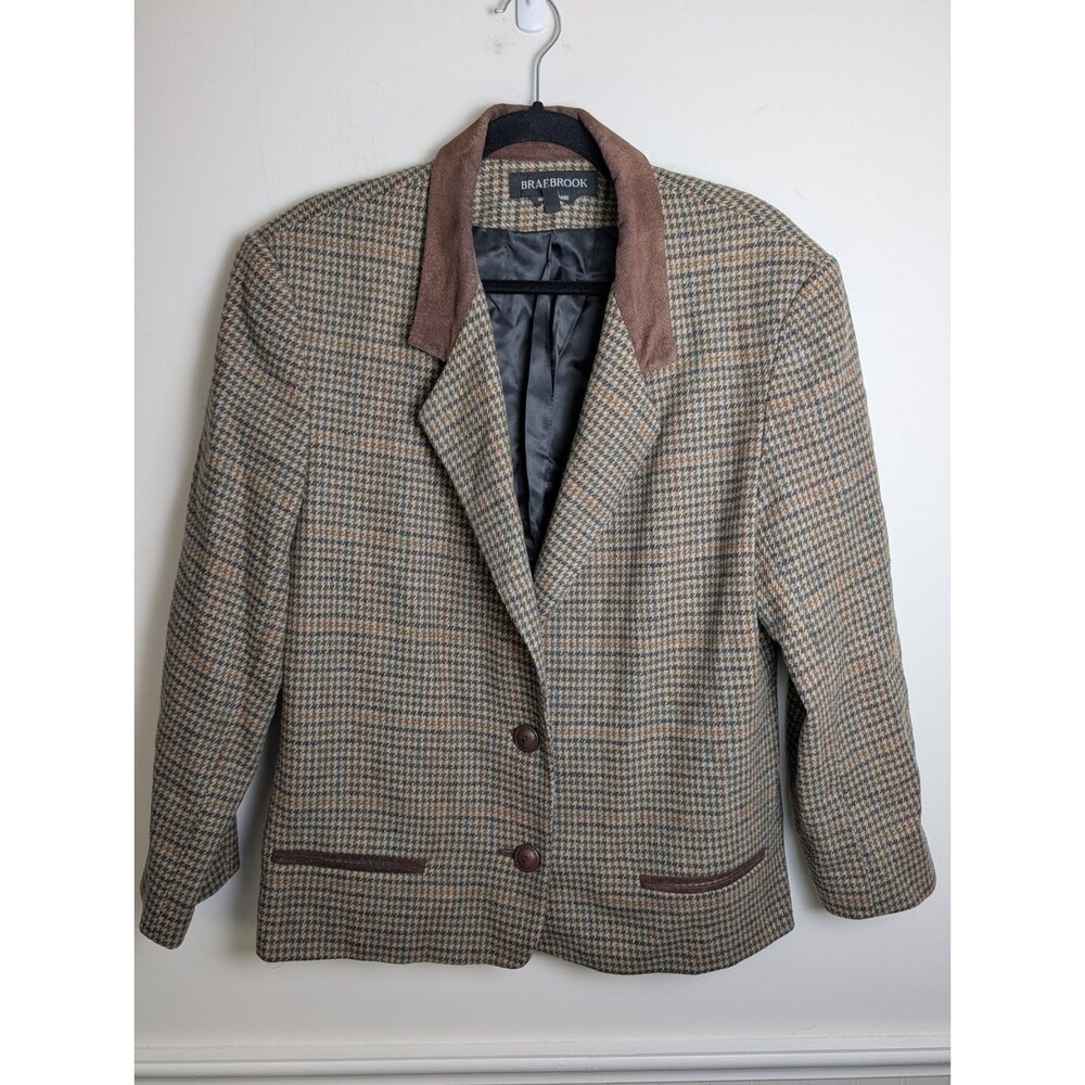 Vtg Braebrook Wool Houndstooth Blazer 15/16 Dark Academia Preppy Equestrian M/L
